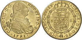 1791. Carlos IV. Popayán. SF. 8 escudos. (Cal. 69) (Cal.Onza 1051) (Restrepo 98-2). 27 g. Primer año de busto propio. Bella. Brillo original. Escasa y...