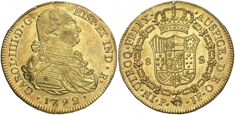 1792. Carlos IV. Popayán. JF. 8 escudos. (Cal. 70) (Cal.Onza 1052) (Restrepo 98-...