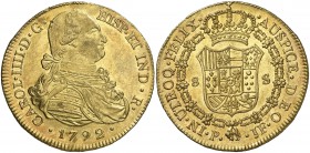 1792. Carlos IV. Popayán. JF. 8 escudos. (Cal. 70) (Cal.Onza 1052) (Restrepo 98-4). 27 g. Separación normal entre IND R. Leves golpecitos. Precioso co...