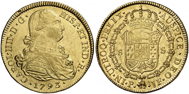 1793. Carlos IV. Popayán. JF. 8 escudos. (Cal. 71) (Cal.Onza 1054) (Restrepo 98-...