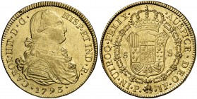 1793. Carlos IV. Popayán. JF. 8 escudos. (Cal. 71) (Cal.Onza 1054) (Restrepo 98-6). 27 g. Separación normal entre IND R. Bella. Parte de brillo origin...