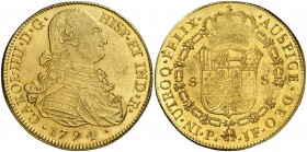 1794. Carlos IV. Popayán. JF. 8 escudos. (Cal. 72) (Cal. Onza 1056) (Restrepo 98-8). 26,98 g. Bella. Brillo original. Precioso color. Rara así. EBC+....
