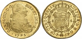 1795. Carlos IV. Popayán. JF. 8 escudos. (Cal. 74) (Cal.Onza 1058) (Restrepo 98-10). 27 g. Leves rayitas. Bella. Brillo original. Escasa así. EBC/EBC+...