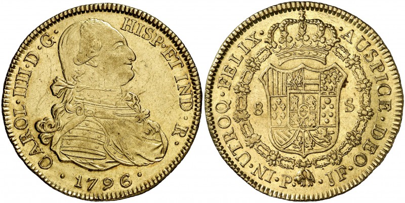 1796. Carlos IV. Popayán. JF. 8 escudos. (Cal. 75) (Cal.Onza 1059) (Restrepo 98-...