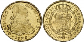 1796. Carlos IV. Popayán. JF. 8 escudos. (Cal. 75) (Cal.Onza 1059) (Restrepo 98-12). 27,10 g. Leves marquitas. Atractiva. Parte de brillo original. Es...