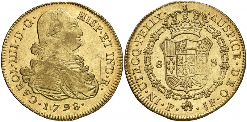 1798. Carlos IV. Popayán. JF. 8 escudos. (Cal. 77) (Cal.Onza 1061) (Restrepo 98-...