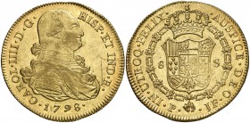 1798. Carlos IV. Popayán. JF. 8 escudos. (Cal. 77) (Cal.Onza 1061) (Restrepo 98-16). 27 g. Leves rayitas. Bella. Brillo original. Escasa así. EBC-/EBC...