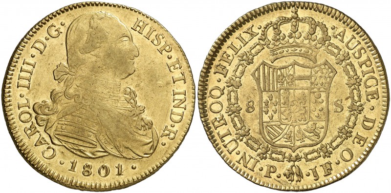 1801. Carlos IV. Popayán. JF. 8 escudos. (Cal. 80) (Cal.Onza 1064) (Restrepo 98-...