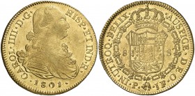 1801. Carlos IV. Popayán. JF. 8 escudos. (Cal. 80) (Cal.Onza 1064) (Restrepo 98-22). 26,86 g. Leves marquitas. Bonito color. Parte de brillo original....