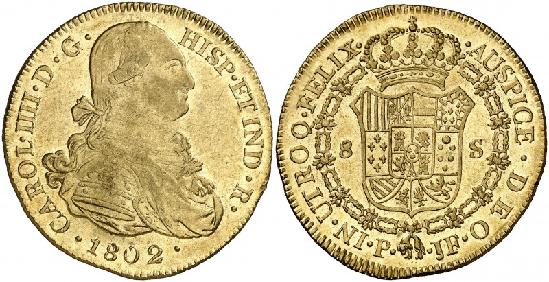 1802. Carlos IV. Popayán. JF. 8 escudos. (Cal. 81) (Cal.Onza 1065) (Restrepo 98-...