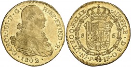 1802. Carlos IV. Popayán. JF. 8 escudos. (Cal. 81) (Cal.Onza 1065) (Restrepo 98-24). 26,99 g. Leves golpecitos. Brillo original. (EBC-).