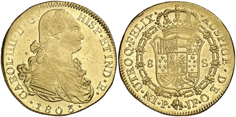 1803. Carlos IV. Popayán. JF. 8 escudos. (Cal. 82) (Cal.Onza 1066) (Restrepo 98-...