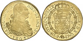 1803. Carlos IV. Popayán. JF. 8 escudos. (Cal. 82) (Cal.Onza 1066) (Restrepo 98-26). 27 g. Golpecito. Parte de brillo original. MBC+.