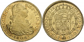 1804. Carlos IV. Popayán. JF. 8 escudos. (Cal. 83) (Cal.Onza 1067) (Restrepo 98-27a). 27 g. El 4 de la fecha acuñado sobre otro 4. Leves golpecitos. P...