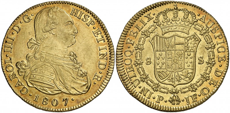 1807. Carlos IV. Popayán. JF. 8 escudos. (Cal. 90) (Cal.Onza 1074) (Restrepo 98-...