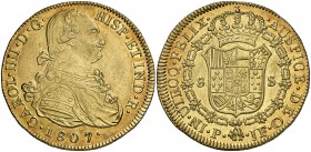 1807. Carlos IV. Popayán. JF. 8 escudos. (Cal. 90) (Cal.Onza 1074) (Restrepo 98-36). 26,99 g. Bella. Precioso color. Muy escasa así. EBC/EBC+.