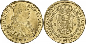 1808. Carlos IV. Popayán. JF. 8 escudos. (Cal.91) (Cal.Onza 1075) (Restrepo 98-38). 27,01 g. Muy bella. Brillo original. Muy escasa así. EBC/EBC+.