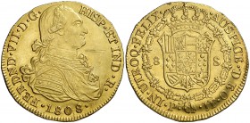 1808. Fernando VII. Popayán. JF. 8 escudos. (Cal. 63) (Cal.Onza 1273) (Restrepo 128-1). 27,04 g. Rayita. Bonita pátina. Parte de brillo original. EBC-...