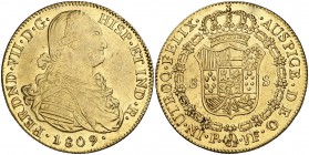 1809. Fernando VII. Popayán. JF. 8 escudos. (Cal. 65) (Cal.Onza 1275) (Restrepo 128-3). 26,47 g. Leves marquitas. Bella. Brillo original. EBC-/EBC.