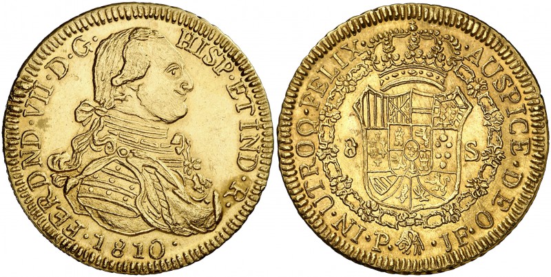 1810. Fernando VII. Popayán. JF. 8 escudos. (Cal. Onza falta). 27,64 g. Falsa de...