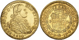 1810. Fernando VII. Popayán. JF. 8 escudos. (Cal. Onza falta). 27,64 g. Falsa de época en oro. Bella. Rara. EBC.