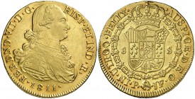 1811. Fernando VII. Popayán. JF. 8 escudos. (Cal. 69) (Cal.Onza 1281) (Restrepo 128-7). 26,95 g. Muy bella. Brillo original. Ex Áureo & Calicó Selecci...