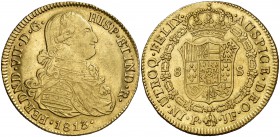 1813. Fernando VII. Popayán. JF. 8 escudos. (Cal. 73) (Cal.Onza 1286) (Restrepo 128-11). 26,93 g. Bella. Parte de brillo original. Escasa así. EBC-/EB...
