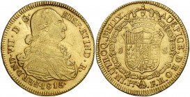 1815. Fernando VII. Popayán. FR. 8 escudos. (Cal. 85) (Cal.Onza 1290) (Restrepo 128-19). 26,80 g. Marca de ceca: PN. Hojitas y leves rayitas. Precioso...