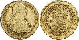 1816. Fernando VII. Popayán. F. 8 escudos. (Cal. 77) (Cal.Onza 1293) (Restrepo 128-23). 26,88 g. Golpecito. Precioso color. MBC+/EBC-.