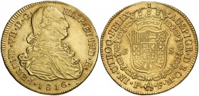 1816. Fernando VII. Popayán. FM. 8 escudos. (Cal. 78) (Cal.Onza 1294) (Restrepo 128-27). 26,88 g. Levísimas hojitas. Bonito color. MBC+/EBC-.
