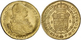 1817. Fernando VII. Popayán. FM. 8 escudos. (Cal. 79) (Cal.Onza 1298) (Restrepo 128-29). 26,78 g. Bella. Brillo original. Muy escasa así. EBC+.