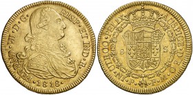 1818. Fernando VII. Popayán. FM. 8 escudos. (Cal. 81) (Cal.Onza 1300) (Restrepo 128-31). 27,11 g. Punto entre los ensayadores. Leves golpecitos. Parte...