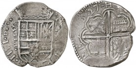 1627. Felipe IV. Santa Fe de Nuevo Reino. P. 8 reales. (Cal. 517 var) (Restrepo M44-9, mismo ejemplar). 26,79 g. AIII a izquierda del escudo. N/R/P a ...