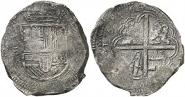 1646. Felipe IV. Santa Fe de Nuevo Reino. (TR). 8 reales. (Cal. 323) (Restrepo falta). 23,91 g. VIII/R a izquierda del escudo. Oxidaciones. Rarísima. ...