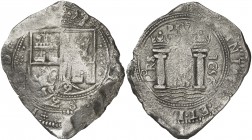 1656. Felipe IV. Santa Fe de Nuevo Reino. PORS. 8 reales. (Cal. 534) (Restrepo M46-20). 22,37 g. Escudo entre adornos. Oxidaciones limpiadas. Muy rara...