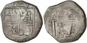 1668. Carlos II. Santa Fe de Nuevo Reino. (P)oRS. 8 reales. (Cal. 394 var) (Restrepo M62-4). 25,44 g. VIII a izquierda del escudo, adorno a derecha. M...