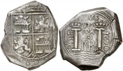 1670. Carlos II. Santa Fe de Nuevo Reino. PORS. 8 reales. (Cal. 397) (Restrepo M-62-8). 27,41 g. Buen ejemplar. Rarísima y más así. MBC+.