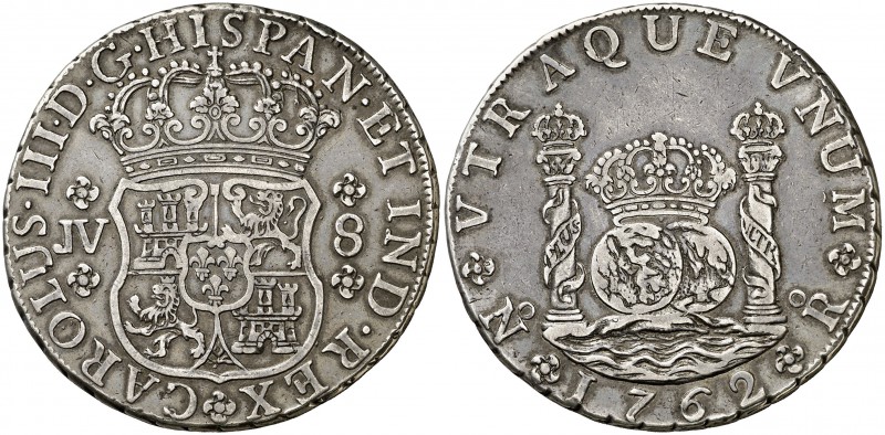 1762. Carlos III. Santa Fe de Nuevo Reino. JV. 8 reales. (Cal. 999 mismo ejempla...