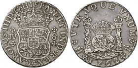 1762. Carlos III. Santa Fe de Nuevo Reino. JV. 8 reales. (Cal. 999 mismo ejemplar) (Restrepo 44-1). 26,80 g. Columnario. Suave pátina de monetario. Ex...