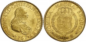 1757. Fernando VI. Santa Fe de Nuevo Reino. S. 8 escudos. (Cal. 63) (Cal.Onza 635) (Restrepo 24-4). 27 g. Acuñación floja. Bonito color. Muy rara. MBC...