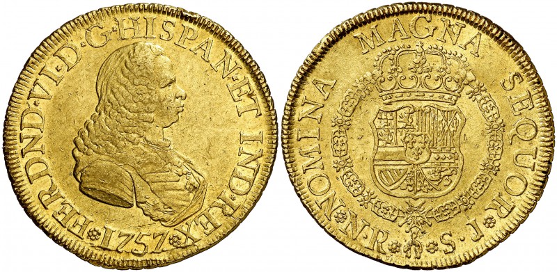 1757. Fernando VI. Santa Fe de Nuevo Reino. SJ. 8 escudos. (Cal. 64) (Cal.Onza 6...