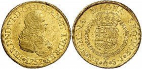 1757. Fernando VI. Santa Fe de Nuevo Reino. SJ. 8 escudos. (Cal. 64) (Cal.Onza 636) (Restrepo 24-5). 26,94 g. Único año de este ensayador. Golpecito e...