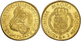 1757. Fernando VI. Santa Fe de Nuevo Reino. J. 8 escudos. (Cal. 65) (Cal.Onza 637) (Restrepo 24-6). 27 g. Rayitas de acuñación. Parte de brillo origin...