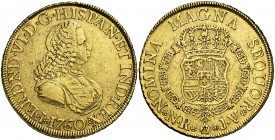 1760. Fernando VI. Santa Fe de Nuevo Reino. JV. 8 escudos. (Cal. 69) (Cal.Onza 641) (Restrepo 24-16). 26,90 g. Leves golpecitos. Rara. MBC/MBC+.