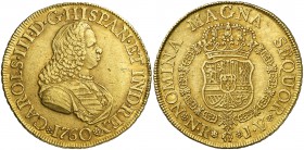 1760. Carlos III. Santa Fe de Nuevo Reino. JV. 8 escudos. (Cal. 158) (Cal.Onza 843) (Restrepo 69-2). 26,99 g. Busto de Fernando VI. Leves golpecitos. ...