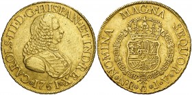 1761. Carlos III. Santa Fe de Nuevo Reino. JV. 8 escudos. (Cal. 159) (Cal.Onza 844) (Restrepo 69-4). 26,86 g. Busto de Fernando VI. Bonito color. Rara...