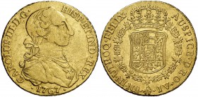 1767. Carlos III. Santa Fe de Nuevo Reino. JV. 8 escudos. (Cal. 166) (Cal.Onza 855) (Restrepo 71-10). 26,81 g. Tipo "cara de rata". Rara. MBC/MBC+.
