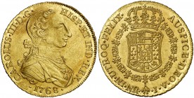 1768. Carlos III. Santa Fe de Nuevo Reino. JV. 8 escudos. (Cal. 168) (Cal.Onza 858) (Restrepo 71-12). 27,07 g. Tipo "cara de rata". Con punto entre lo...