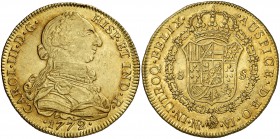 1772. Carlos III. Santa Fe de Nuevo Reino. VJ. 8 escudos. (Cal. 174) (Cal.Onza 865) (Restrepo 72-2). 26,96 g. Primer año de busto propio. Bella. Brill...