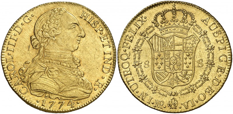 1774. Carlos III. Santa Fe de Nuevo Reino. VJ. 8 escudos. (Cal. 176) (Cal.Onza 8...